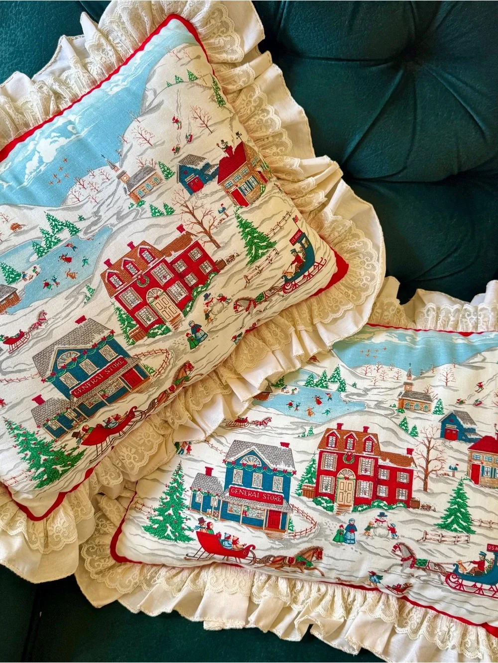 Vintage Handmade Holiday Village Ruffled Pillow Covers - Cream, Red & Blue